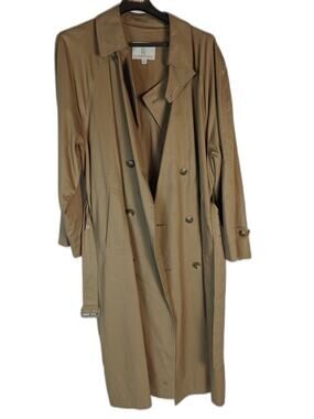 London Fog Men's Tan Trench Coat 46 Long Belted Double Breasted Rain Coat